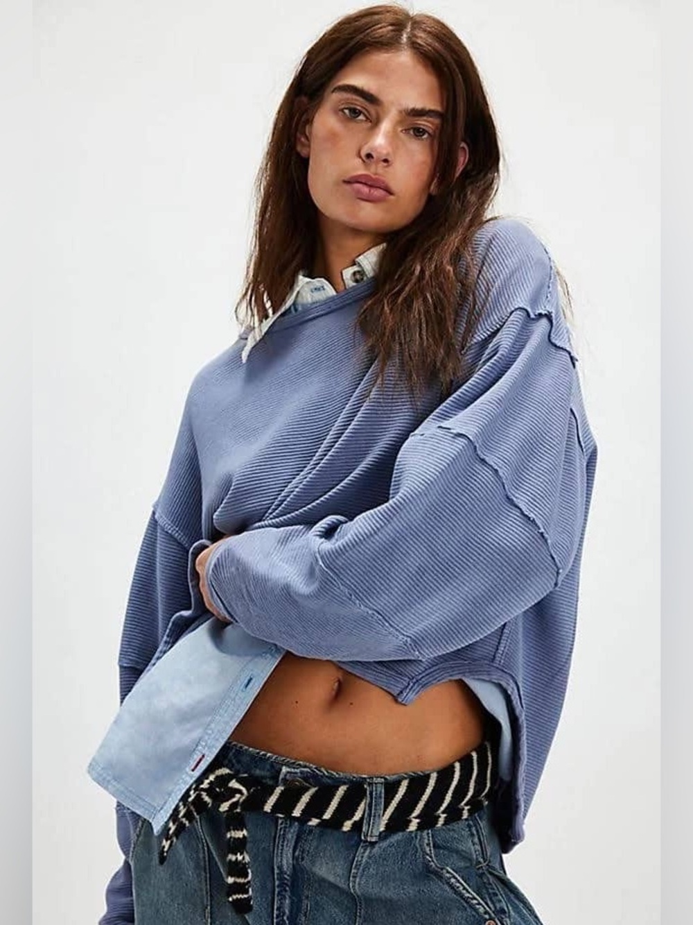 New We The Free Oversized Total Eclipse Rib-Knit Crop Sweatshirt in Dusty Blue